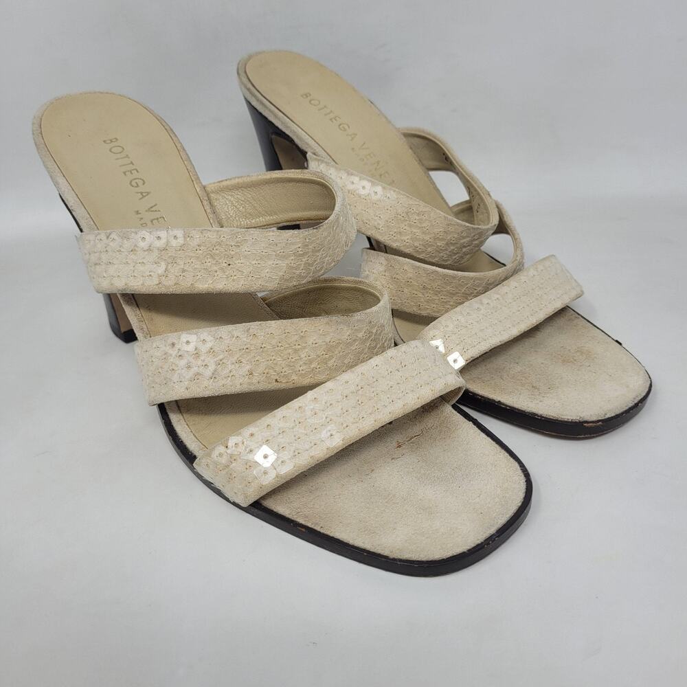 VTG Bottega Veneta Sandals 7.5 Beige Leather Sequin Strappy Heel Evening Party